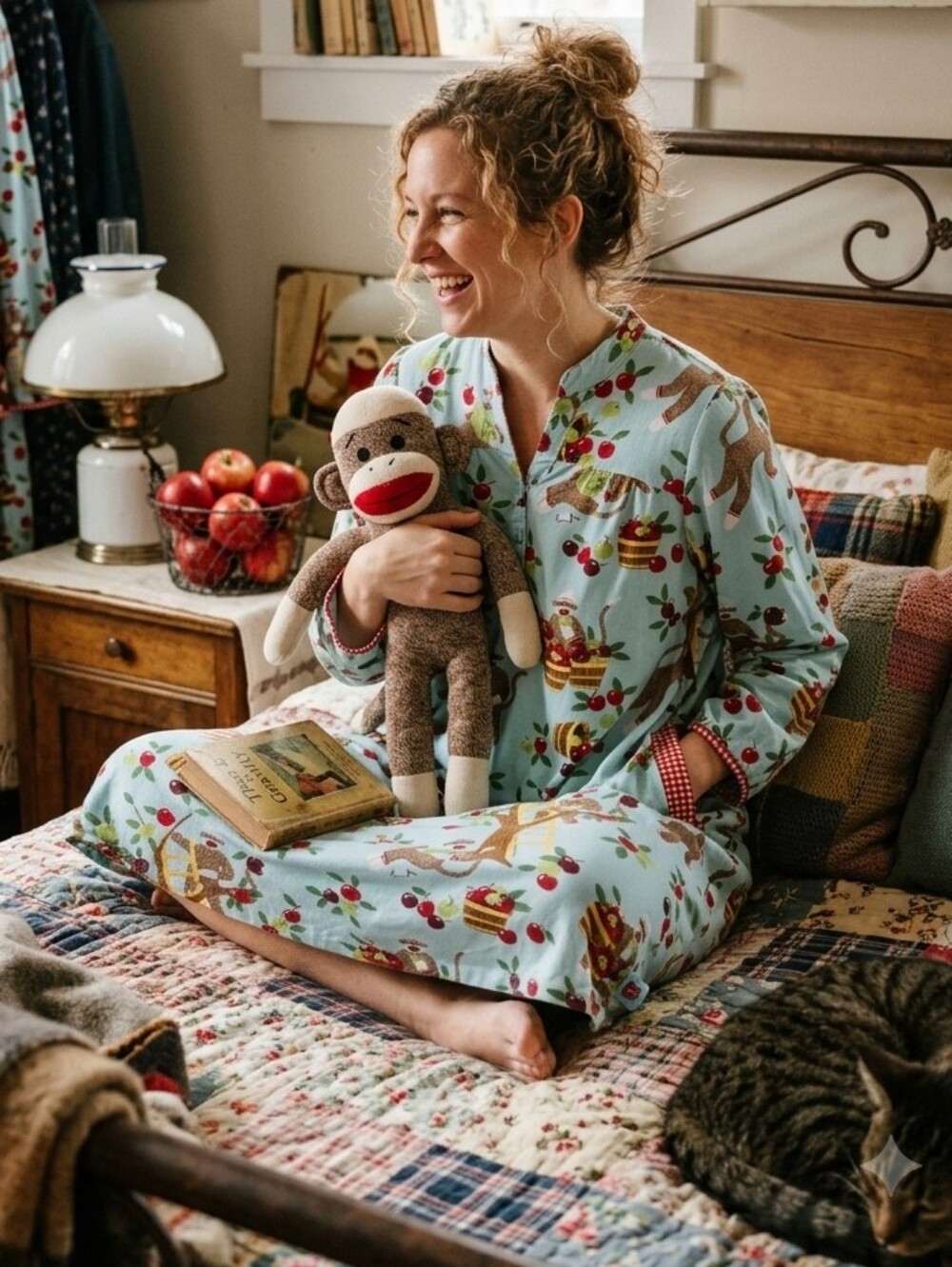 Nick & Nora Apple Picking Sock Monkey Sleepwear cotton nightgown Pajama L